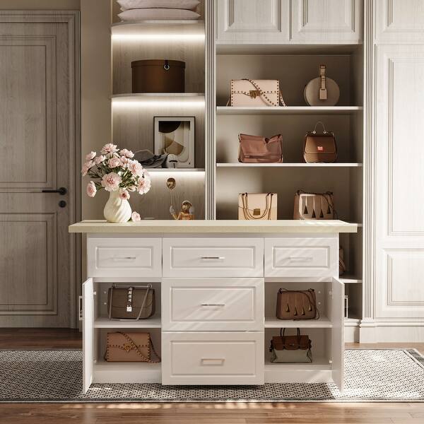 slide 2 of 17, Wadrobe White Storage Island with High Gloss Countertop, Kitchen or Closet Organizer