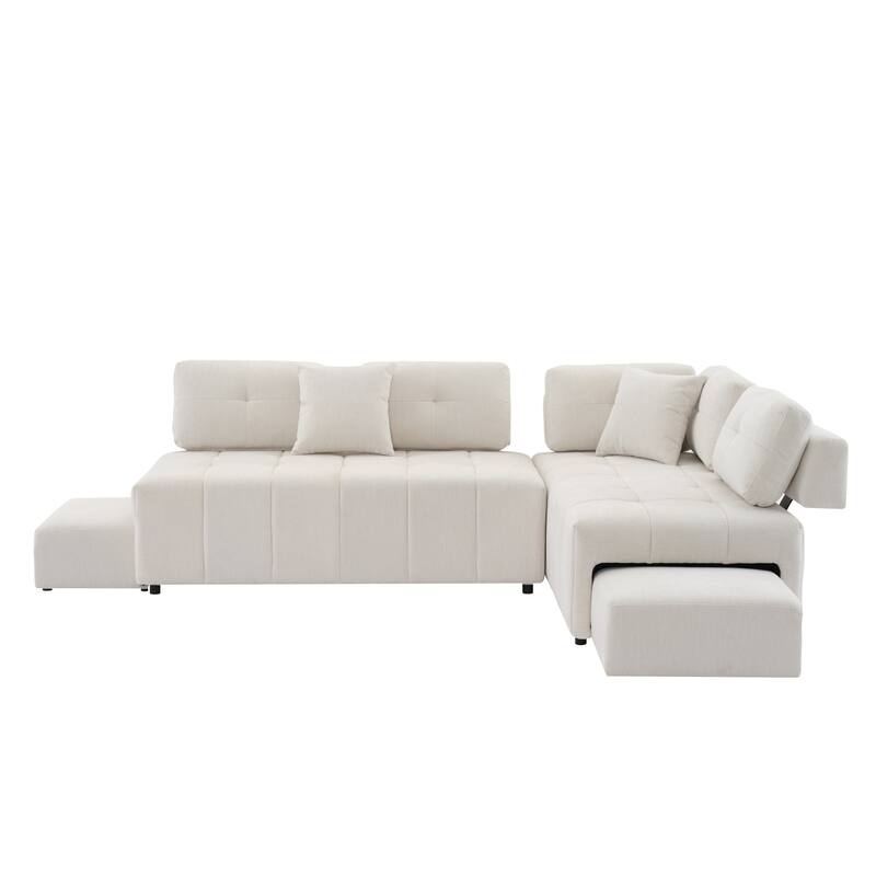 91.73" L-Shaped 4-Seat Sectional Sofa with 2 Hidden Stools, 2 Removable Lumbar Cushions, and Durable Chenille Fabric