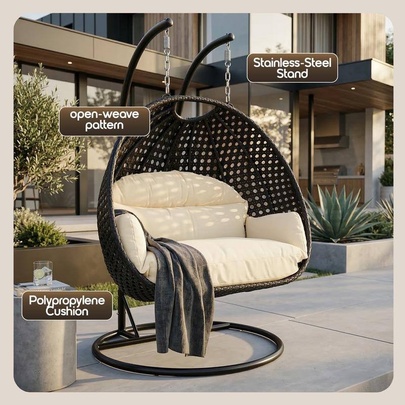 Double Egg Chair - Charcoal Wicker Swing with Breathable Cushions - 2-Person Outdoor Hammock with Rust-Resistant Iron Frame