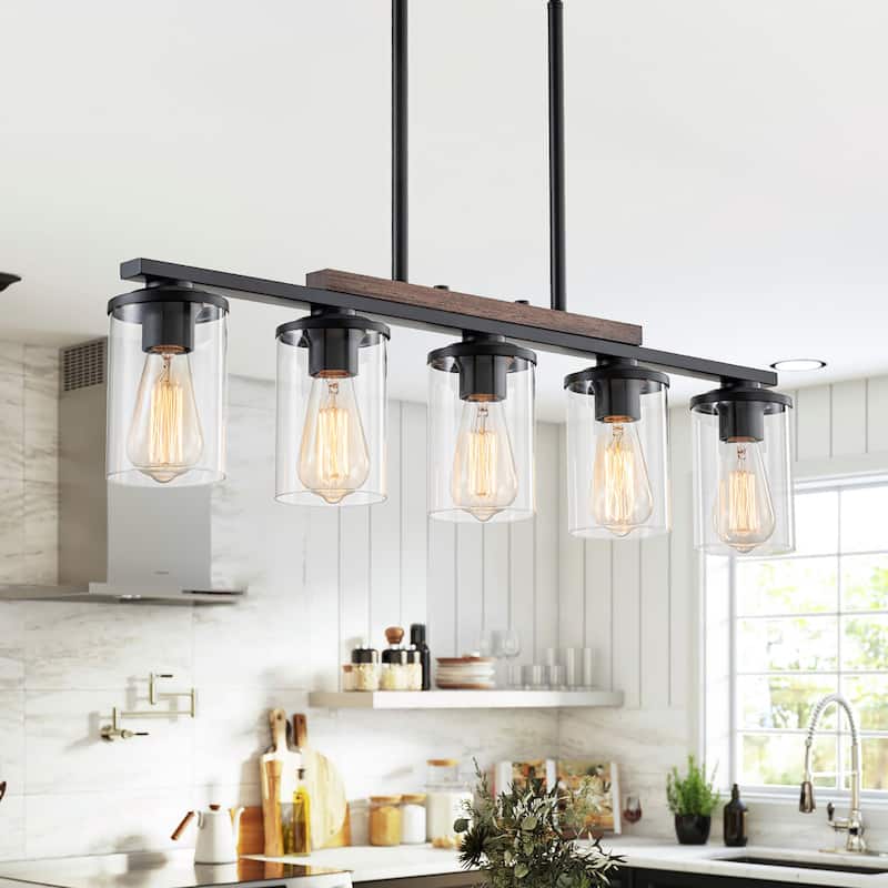Starsky Modern Farmhouse Chandelier Linear Kitchen Island Light with Cylindrical Glass Shade