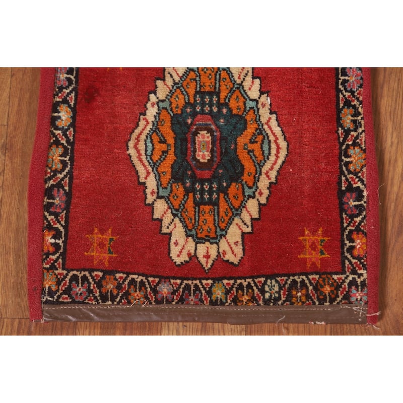 Red Geometric Saddle Bag Persian Accent Rug Hand-Knotted Wool Carpet - 1'1" x 2'7"