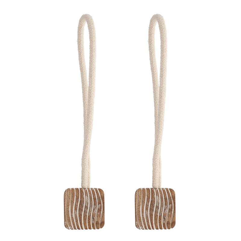 Magnetic Curtain Tiebacks 17 in Wood Rope - Set of 2 Tiebacks - Natural