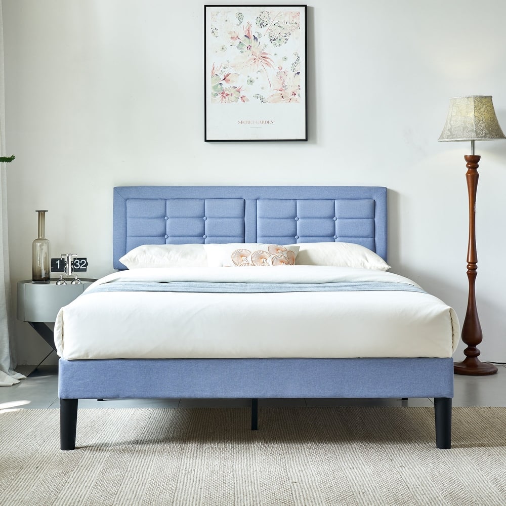 Strong Frame and Wooden Slats Support Bedframe，Platform Bed Frame with Linen Upholstered Headboard,Light Blue Bed Frames