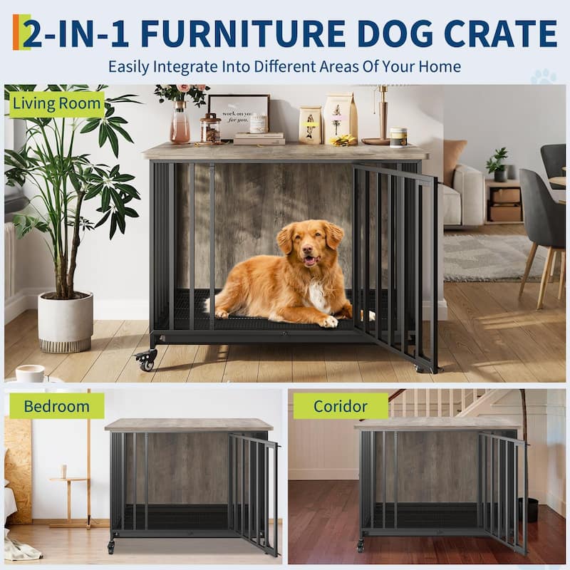 Dog Crate Furniture, 39 Inch Rolling Indoor Dog Crate with Potty Tray
