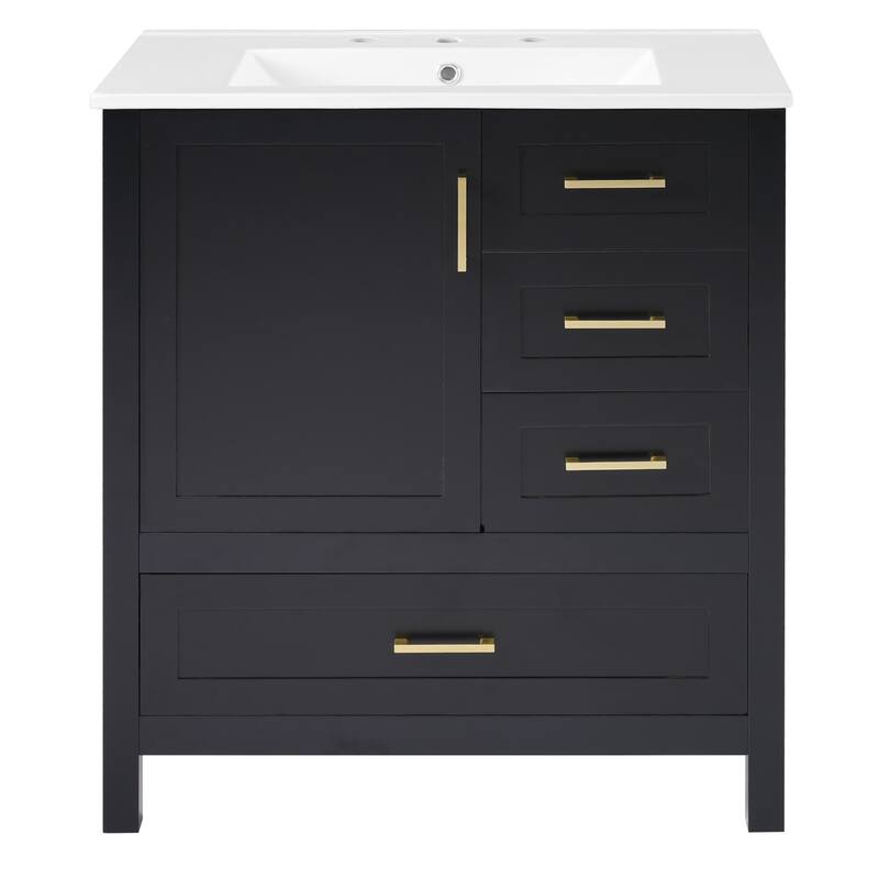 30" Bathroom Wood Storage Vanity Cabinet with Ceramic Sink, 3 Drawers