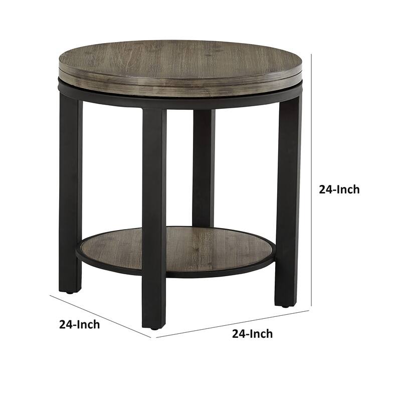 Cyon 24 Inch Round Side End Table, Black Metal Frame, Gray Wood, Open Shelf