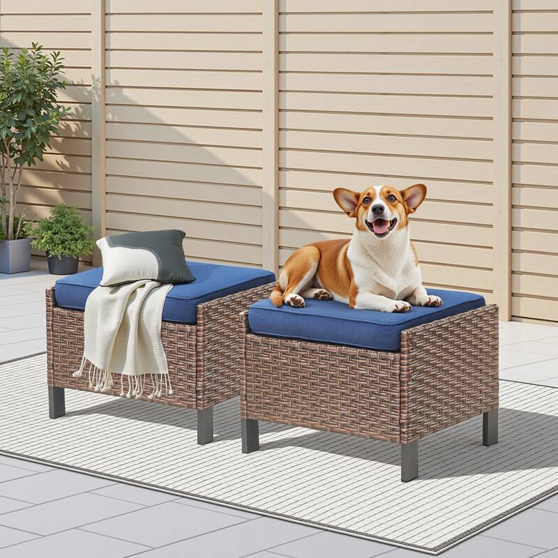 Pocassy Outdoor Wicker 2-Piece Ottoman Chair with Cushion - Brown Wicker Blue Cushion - 2-Piece Ottoman Chair with Cushion