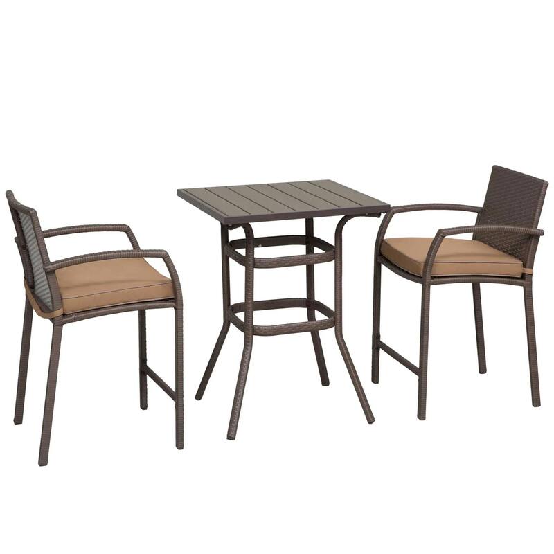 3 PCS Rattan Wicker Bar Set with Wood Grain Top Table and 2 Bar Stools
