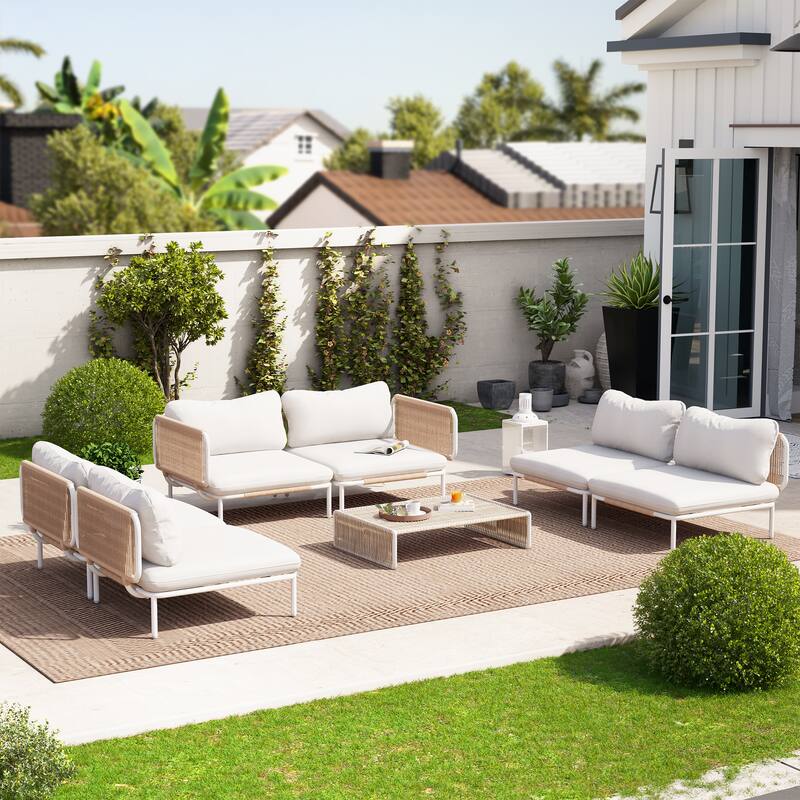 Outdoor Patio Cushioned 6-seater Conversation Sectional Sofa Set - Combined by 6 chairs