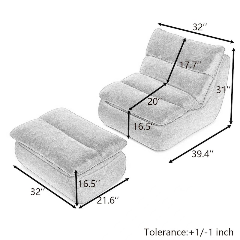 32"Bean Bag Chair with Ottoman, Big Chaise Lounge Chairs for Adults,Tufted Upholstered Lazy Sofa
