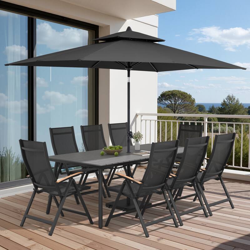 9/11-Piece Outdoor Patio Dining Set Aluminum Dining Table and Folding Chairs w/10 ft Umbrella and Base - Set of 11 - Grey Table with Black Umbrella