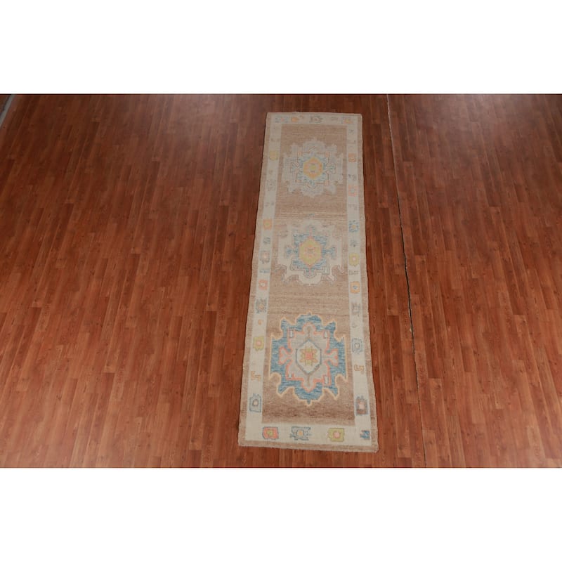 Hand Knotted Oriental 100% Wool Carpet Transitional Geometric Brown Oushak Runner Rug - 10' 2'' X 2' 11''