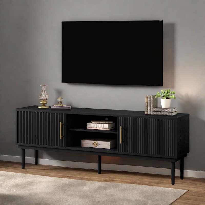 74.9"Modern TV Stand with Vertical Striped Sliding Doors - Space-Saving Media Console with Stylish Storage - Black