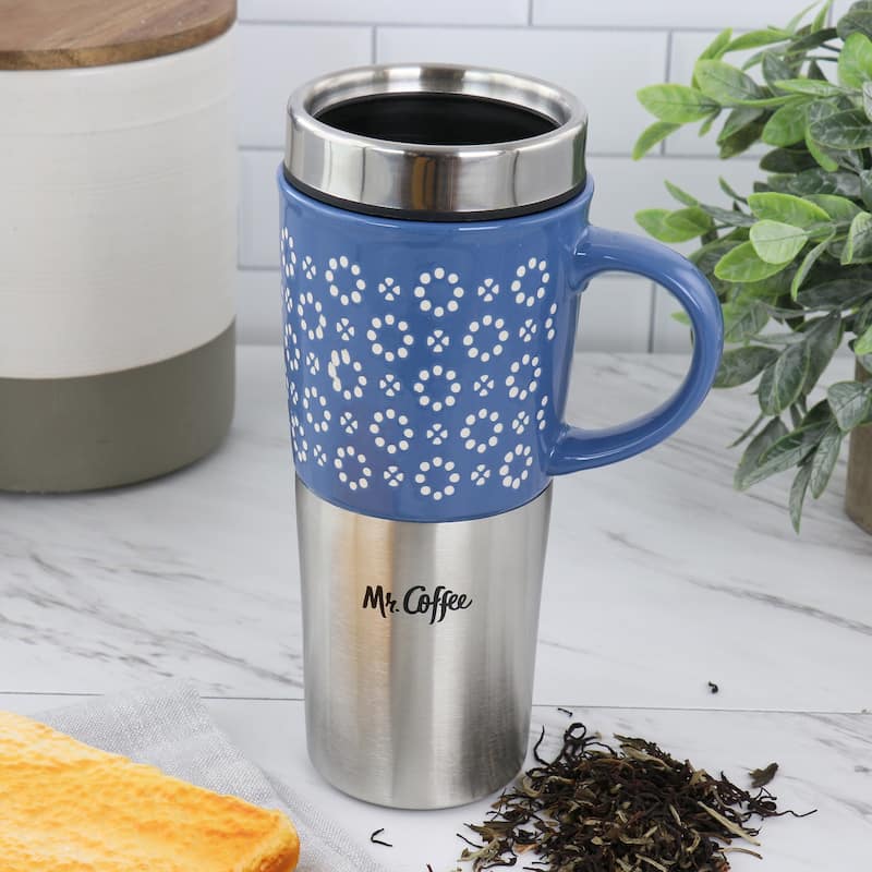 16 Ounce Stoneware and Stainless Steel Travel Mug With Lid in Blue