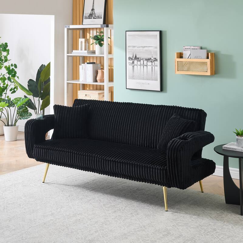 Loveseat Sofa, Adjustable Backrest Corduroy Love Seat Bed w2 Cup holder & 2 Pillows Living Room 2-seat Hollow Armchair