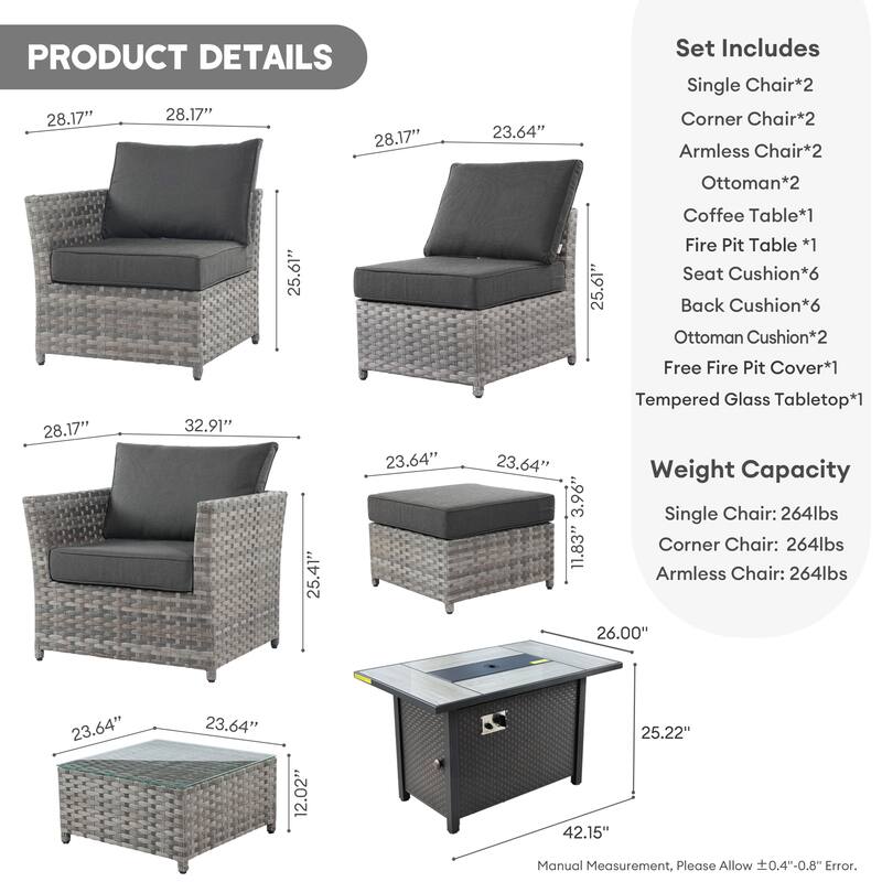 XIZZI 10-piece Patio Furniture Outdoor Sectional Sofa Set with Fire Pit