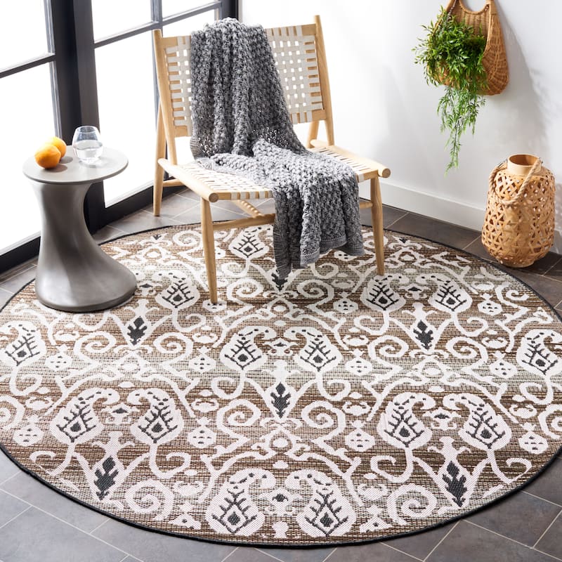 SAFAVIEH Havana Annet Geometric Indoor/ Outdoor Waterproof Rug - 6'7" Round - Light Brown/Ivory