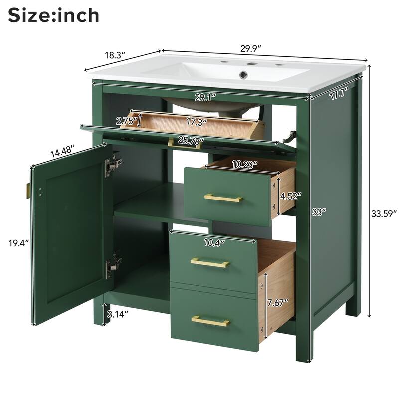 30-Inch Bathroom Vanity with Ceramic Sink Top, Freestanding Bathroom Vanity Cabinet with 1 Soft Close Door, 3 Drawers and Shelf