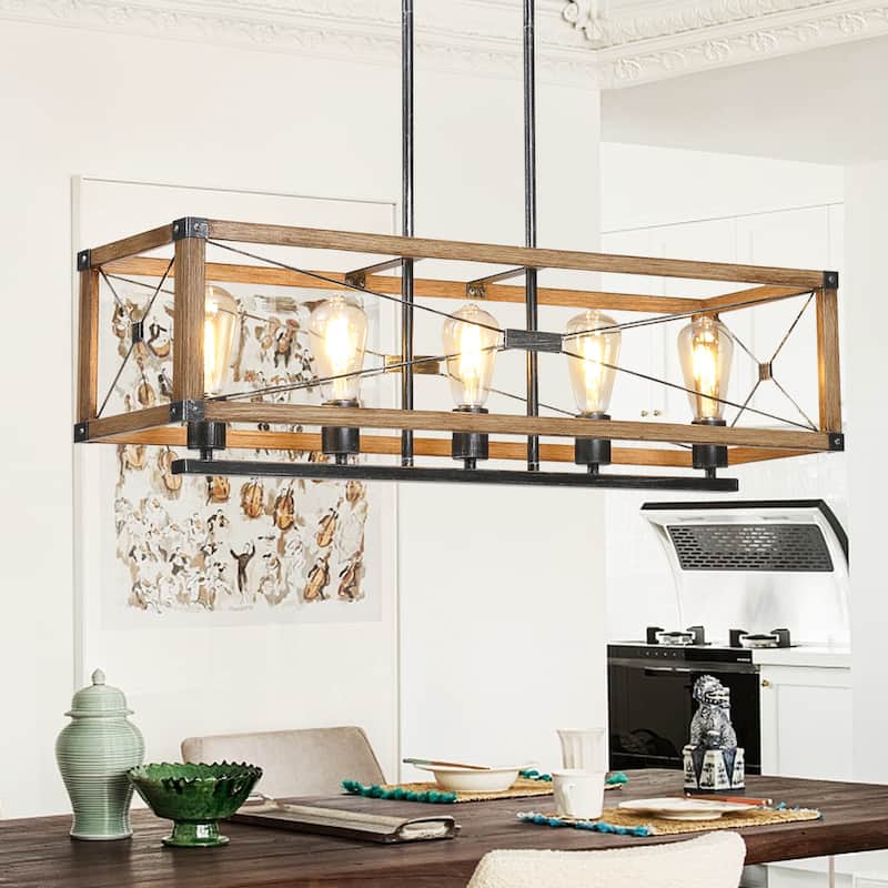 Farmhouse Black Rectangular Chandelier Island Lights for Kitchen Island Lighting - 5-Light