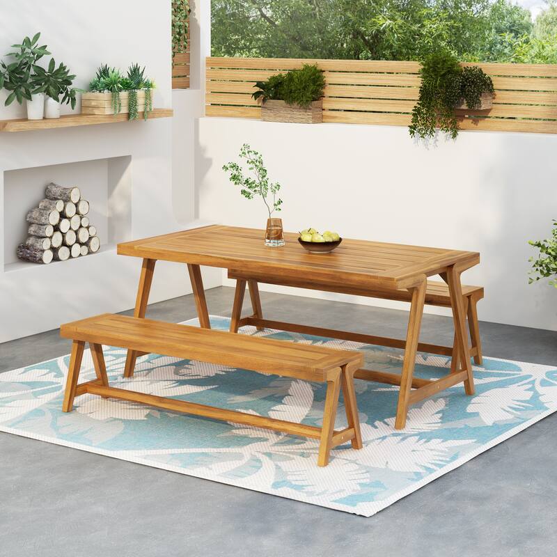 Roomfitters 3-Piece Outdoor Picnic Set, Contemporary Acacia Wood Dining Table & 2 Benches, All-Weather Compact Design