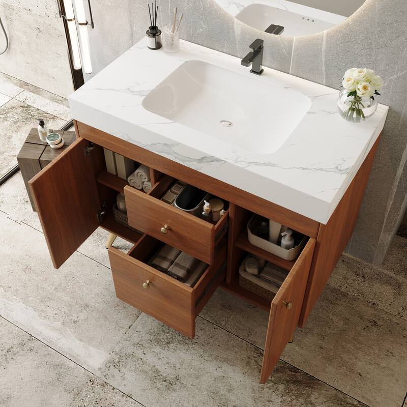 36" Modern Freestanding Bathroom Vanity with Sintered Stone Top & Ceramic Sink, Smart Storage Design & Drawers