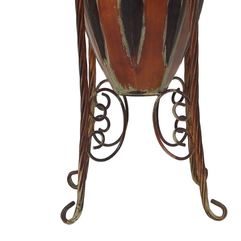 Metal Tall Vase with Attached Metal Stand and Intricate Design - Brown - Roche River Decor - 9"W x 9"L x 27"H
