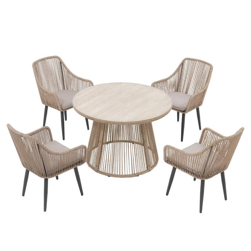 5 Pieces Outdoor PE Rattan Patio Dining Set with Round Tempered Glass Table