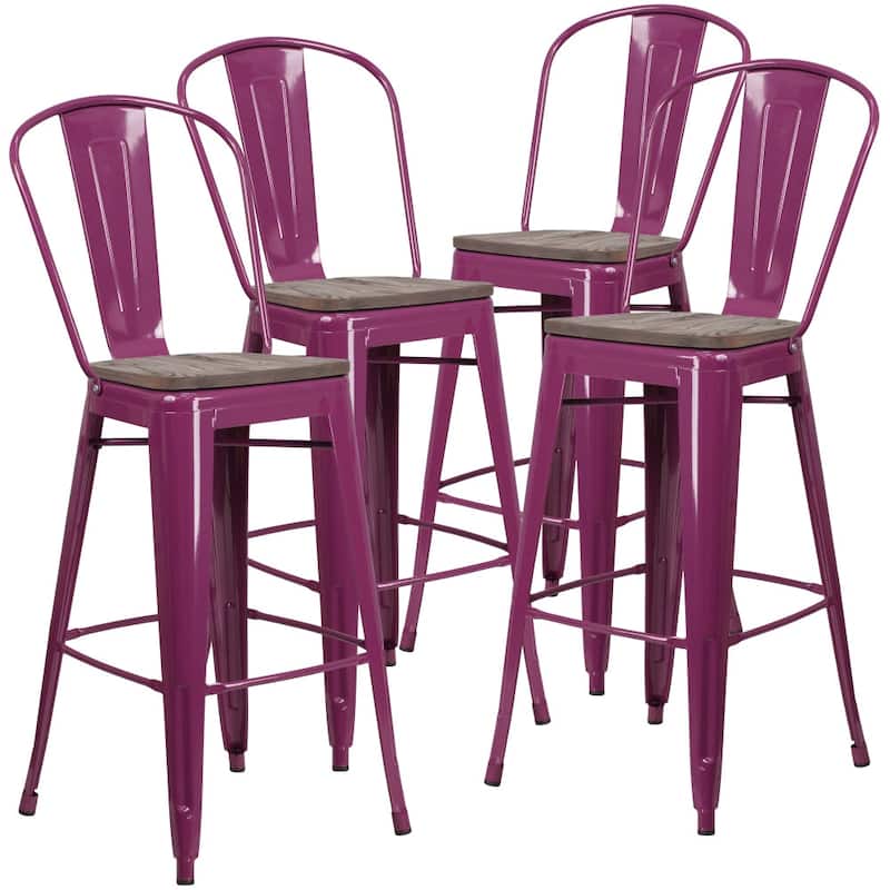 4 Pk. 30" High Metal Barstool with Back and Wood Seat - 18"W x 19"D x 46"H - 18"W x 19"D x 46"H