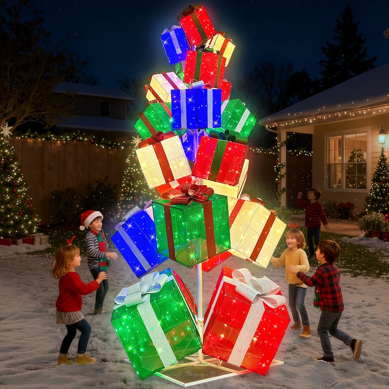 Puleo International 10.8' Pre-Lit Christmas Giftbox Tree Christmas Holiday Decor with 1000 Dual-Colored LED Lights - Multi-Color