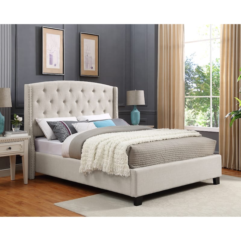 Beige Upholstered Polyester Platform Bed with Summit Fabric Button Tufted Wingback and Nail Head Trim