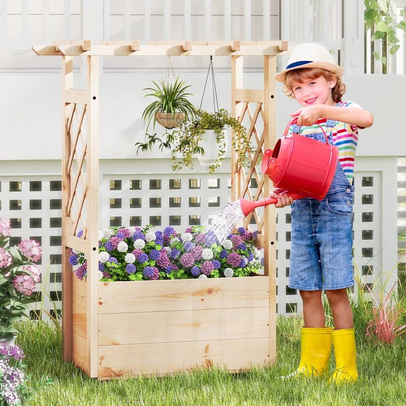 Gymax Wooden Raised Garden Bed/ Lattice Trellises Hanging Roof