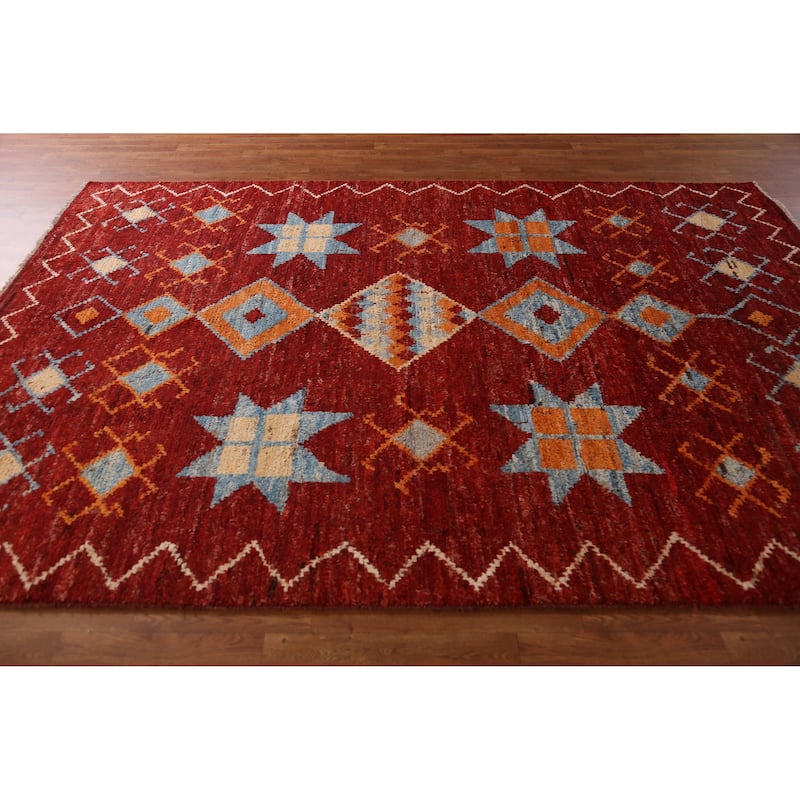 Red Geometric Moroccan Oriental Area Rug Handmade Modern Wool Carpet - 6'10" x 10'2"