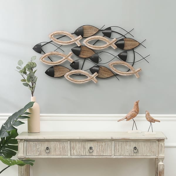 slide 2 of 8, Black Metal and Brown Wood Modern School of Fish Metal Wall Decor