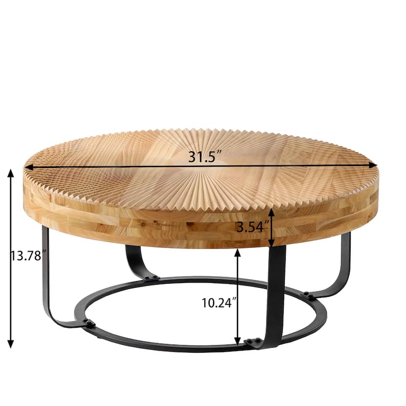 GDFStudio Calvion Round Pine Wood Coffee Table with Steel Frame and Carving Pattern