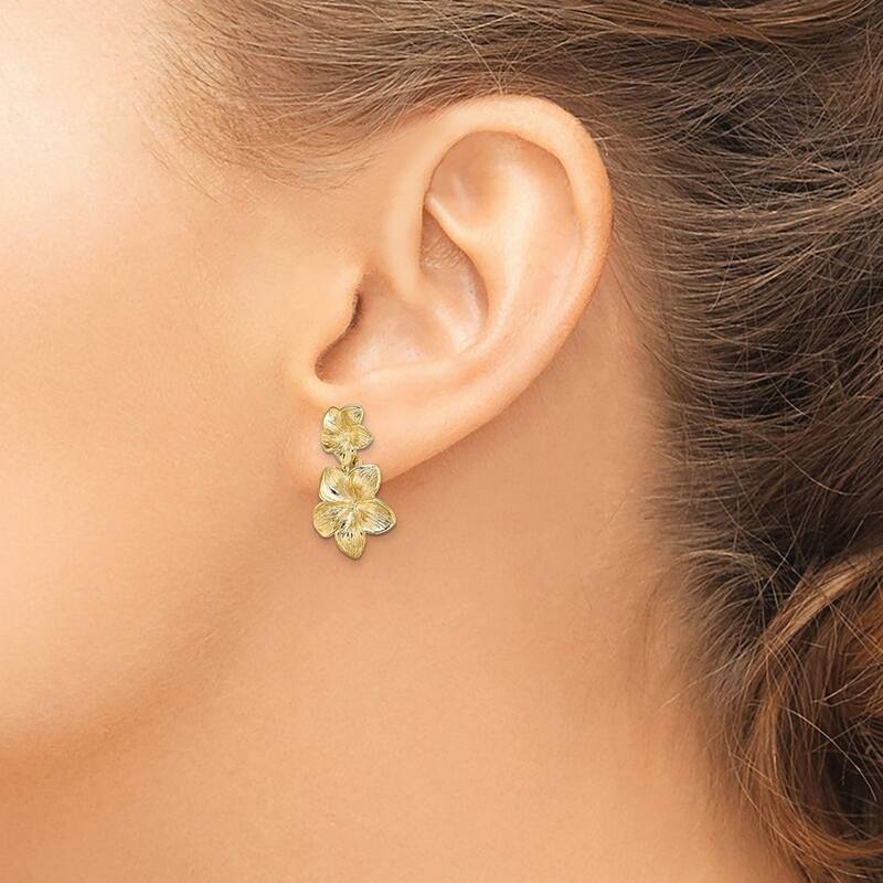Curata 14k Yellow Gold Double Plumeria Flower Drop Post Earrings 20x12.7mm