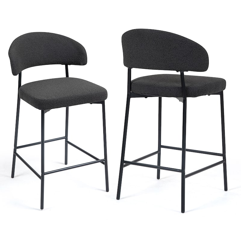 Set of 2 Bennett Black Boucle Upholstered Fabric Counter Stool with Black Iron Legs