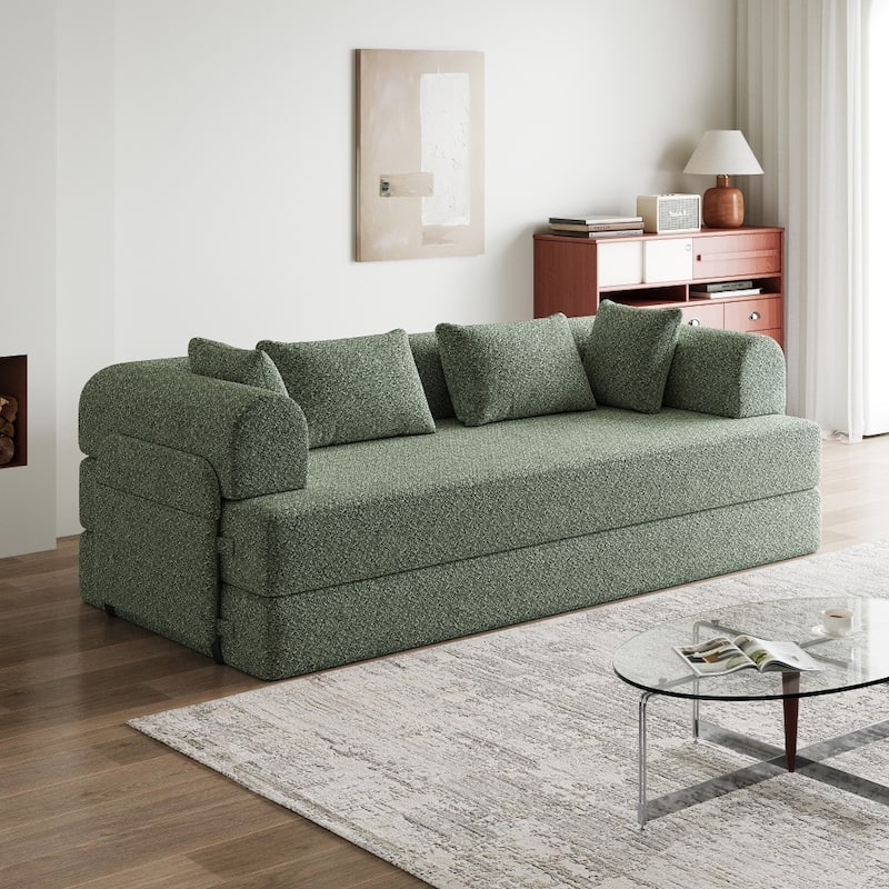 78.7" Convertible Chenille Folding Mattress Sleeper Sofa Bed with Cylindrical Pillow and Side Pocket