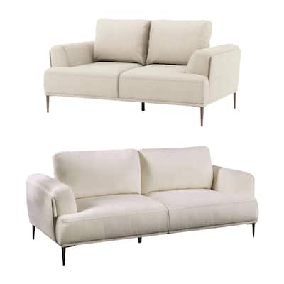 Batty Sofa and Loveseat Set, Modern White Chenille, Adjustable Back