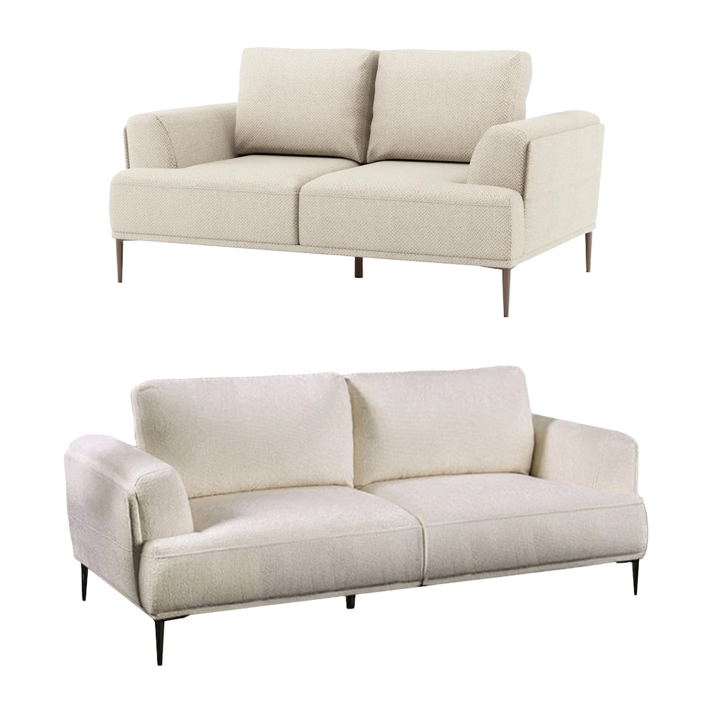 Batty Sofa and Loveseat Set, Modern White Chenille, Adjustable Back