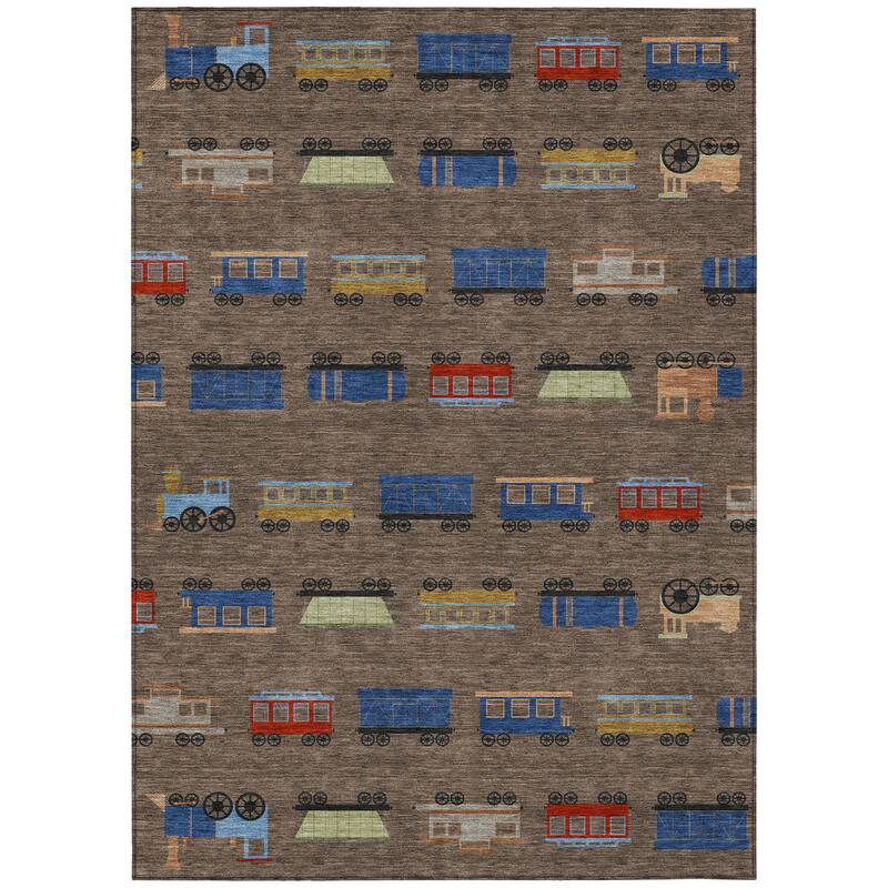 Machine Washable Indoor/ Outdoor Modern Train Chantille Rug