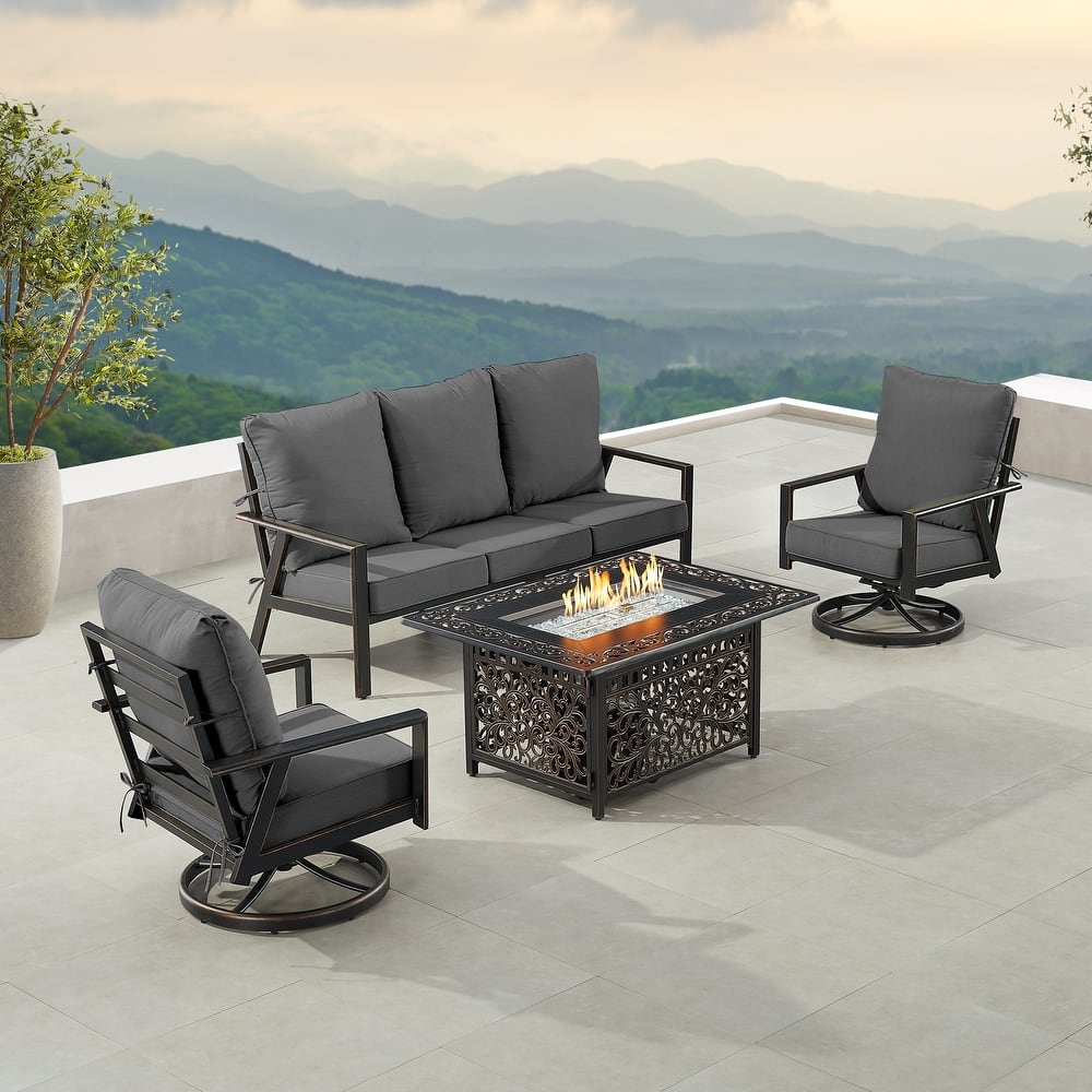 Black Aluminum Fire Table Set with Sofa and Two Club Chairs