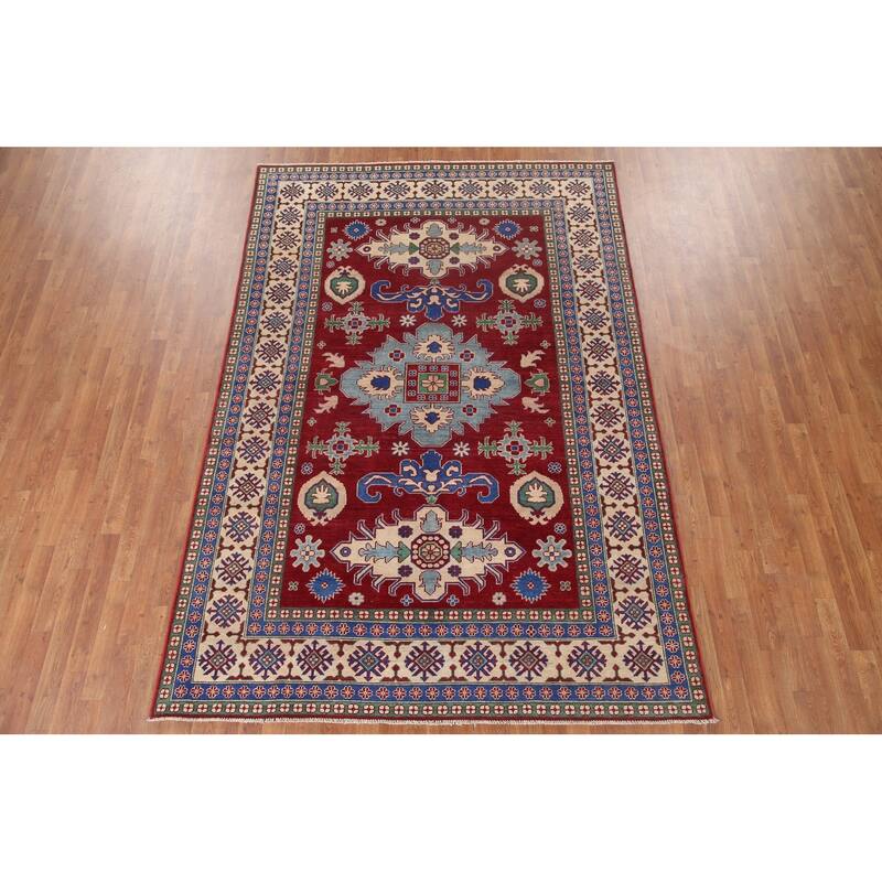 Hand Knotted Oriental 100% Wool Carpet Traditional Geometric Red Kazak Area Rug - 9' 9'' X 6' 6''