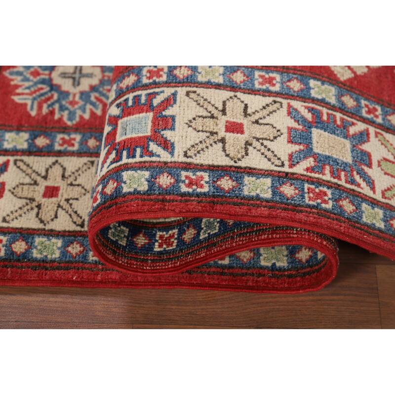 Red Geometric Kazak Oriental Accent Rug Hand-Knotted Wool Carpet - 3'11" x 6'3"