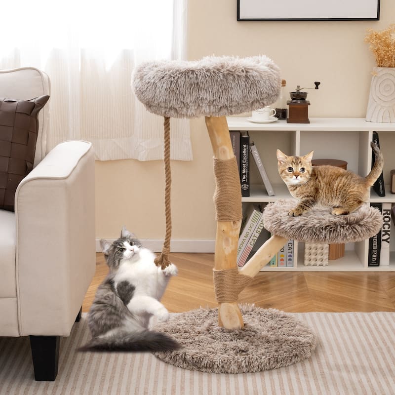 Natural Pear Wood Cat Tree with Plush Tower and Multi-Level Platform Jute Scratching Posts