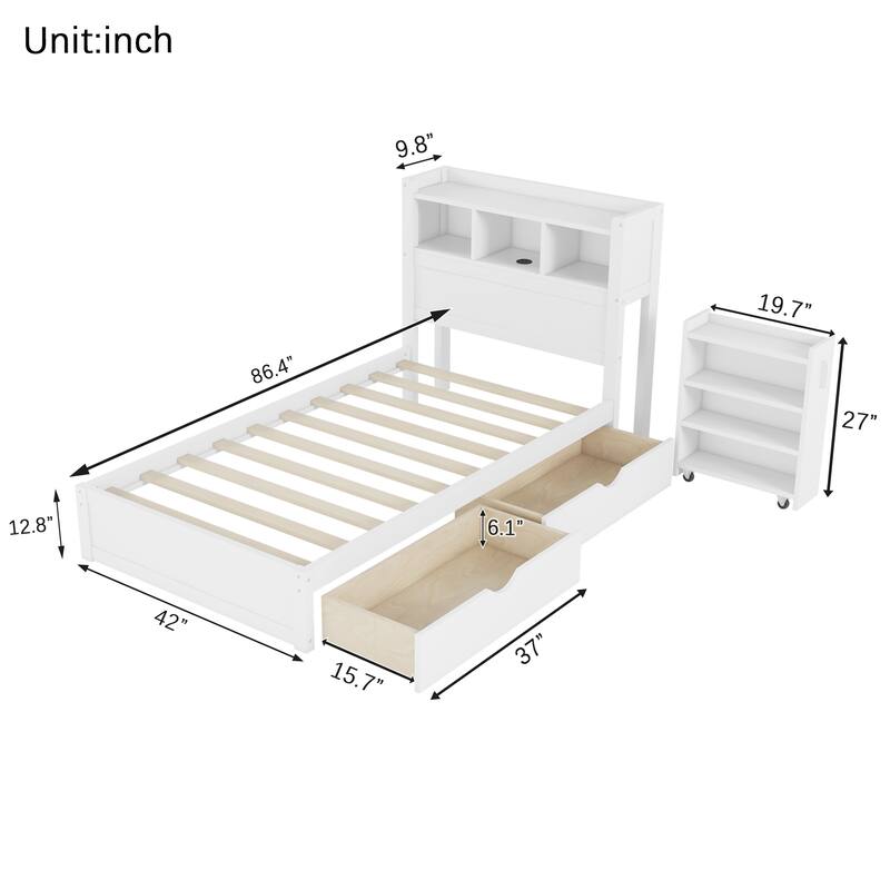 Twin Size Bed with Drawers, Wood Twin Bed with Storage Headboard and Pull Out Storage Cabinet, Wood Bed with Light and Socket