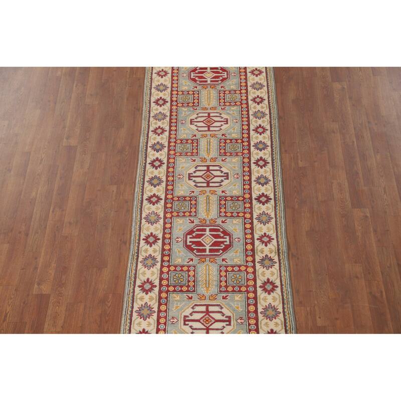 Geometric Kazak Runner Rug Hand-Knotted Wool Carpet - 2'8" x 13'6"