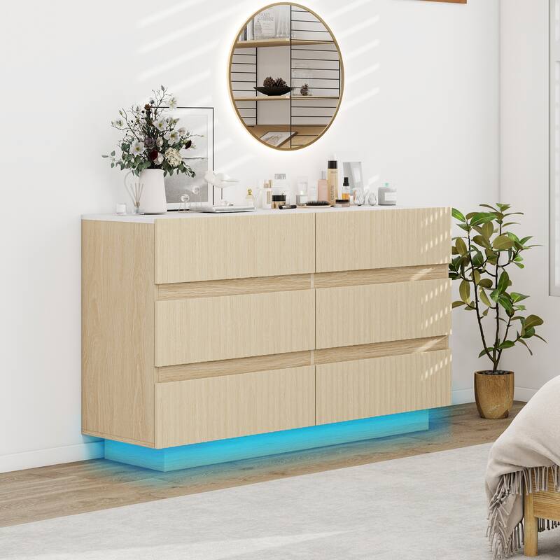 Fluted 6 Drawer Dresser, Double Dresser Chest with LED lights
