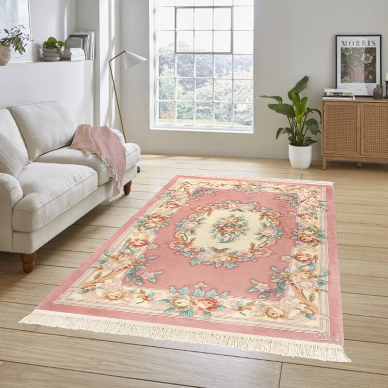 Gertmenian Oriental Estate Traditional Oriental Floral Border Metallion Hand Knot Wool Area Rug Collection - Rose Wreath - 4x6
