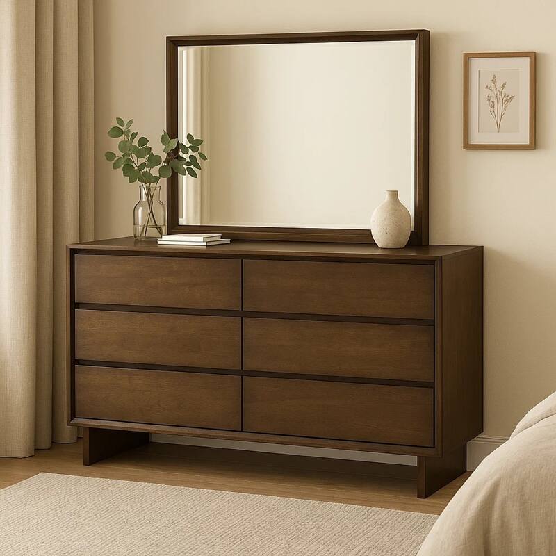Genu Wide Dresser with Mirror, 6 Drawers, Beveled Glass, Brown Wood