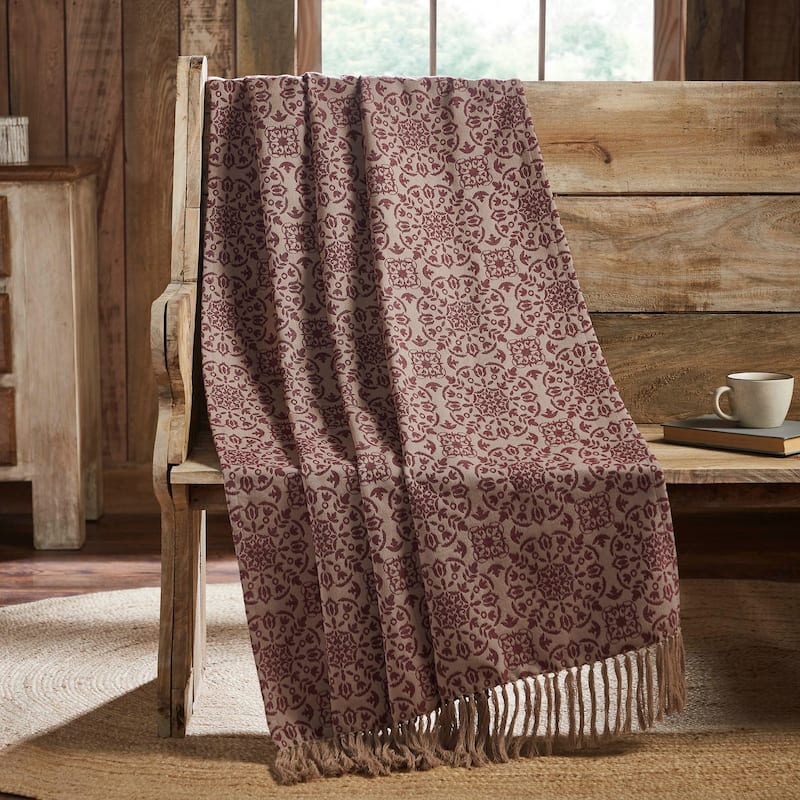Custom House Burgundy Tan Jacquard Woven Throw 50x60 - 50x60 - Tan